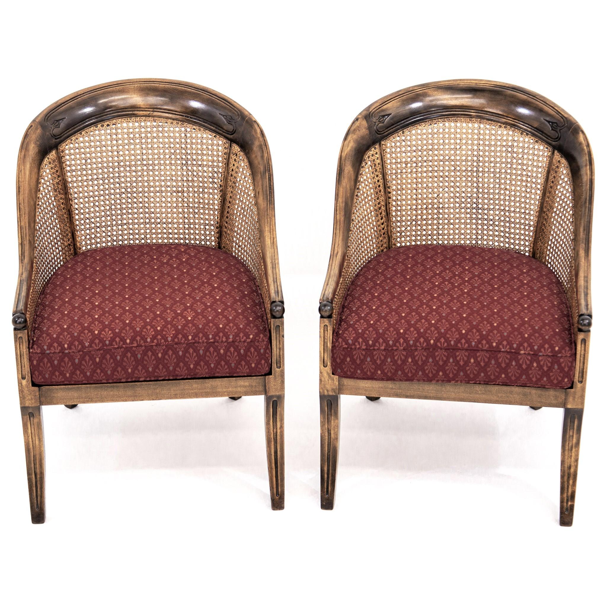 Pair of Caned Walnut Regency Bergeres Swoop Armchairs with Red Cushions 8