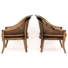 Pair of Caned Walnut Regency Bergeres Swoop Armchairs with Red Cushions