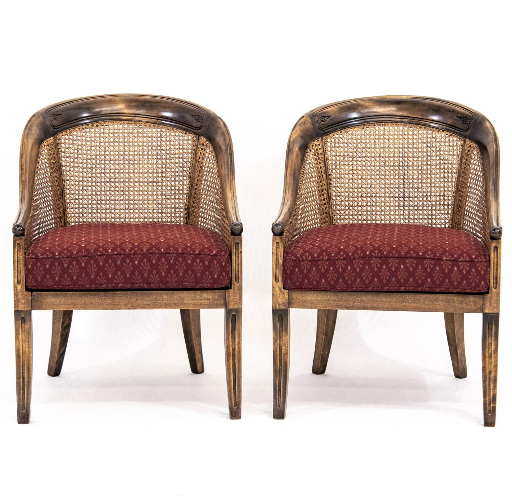 Pair of Caned Walnut Regency Bergeres Swoop Armchairs with Red Cushions In Good Condition In Baltimore, MD