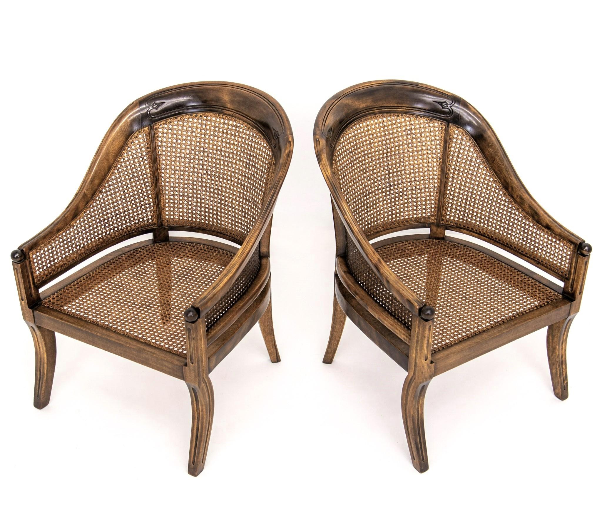 20th Century Pair of Caned Walnut Regency Bergeres Swoop Armchairs with Red Cushions