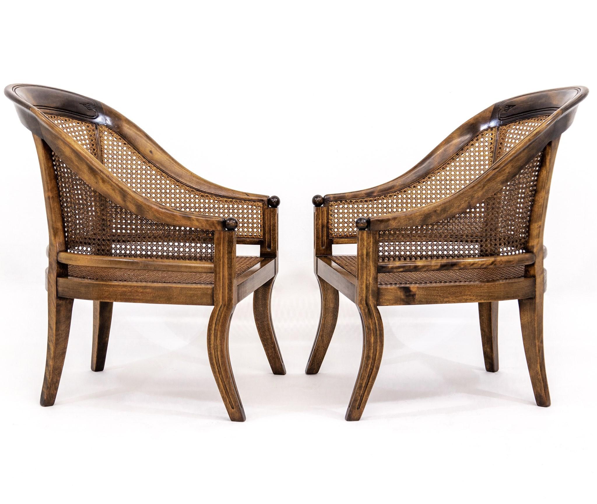 Fabric Pair of Caned Walnut Regency Bergeres Swoop Armchairs with Red Cushions