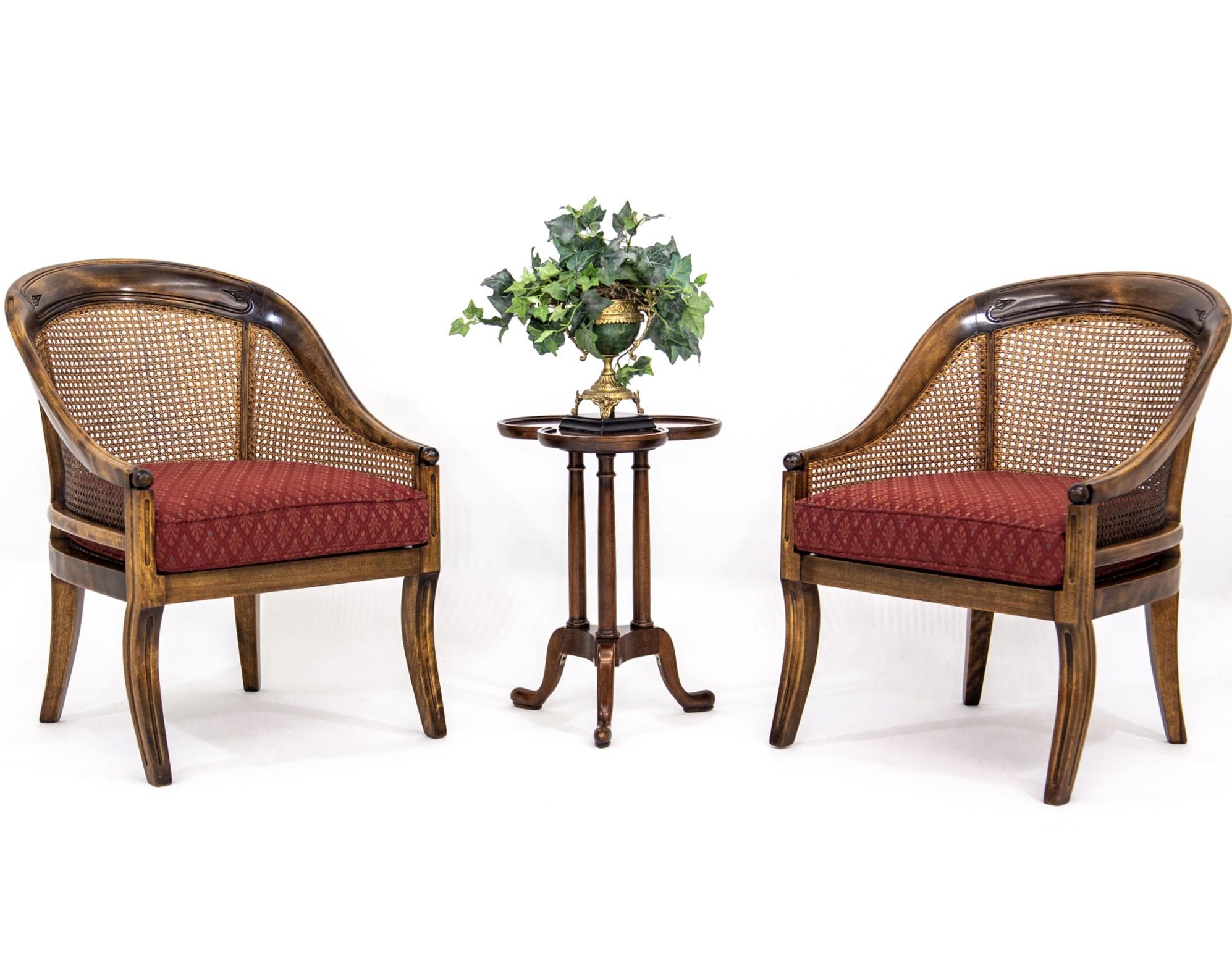 Pair of Caned Walnut Regency Bergeres Swoop Armchairs with Red Cushions 1