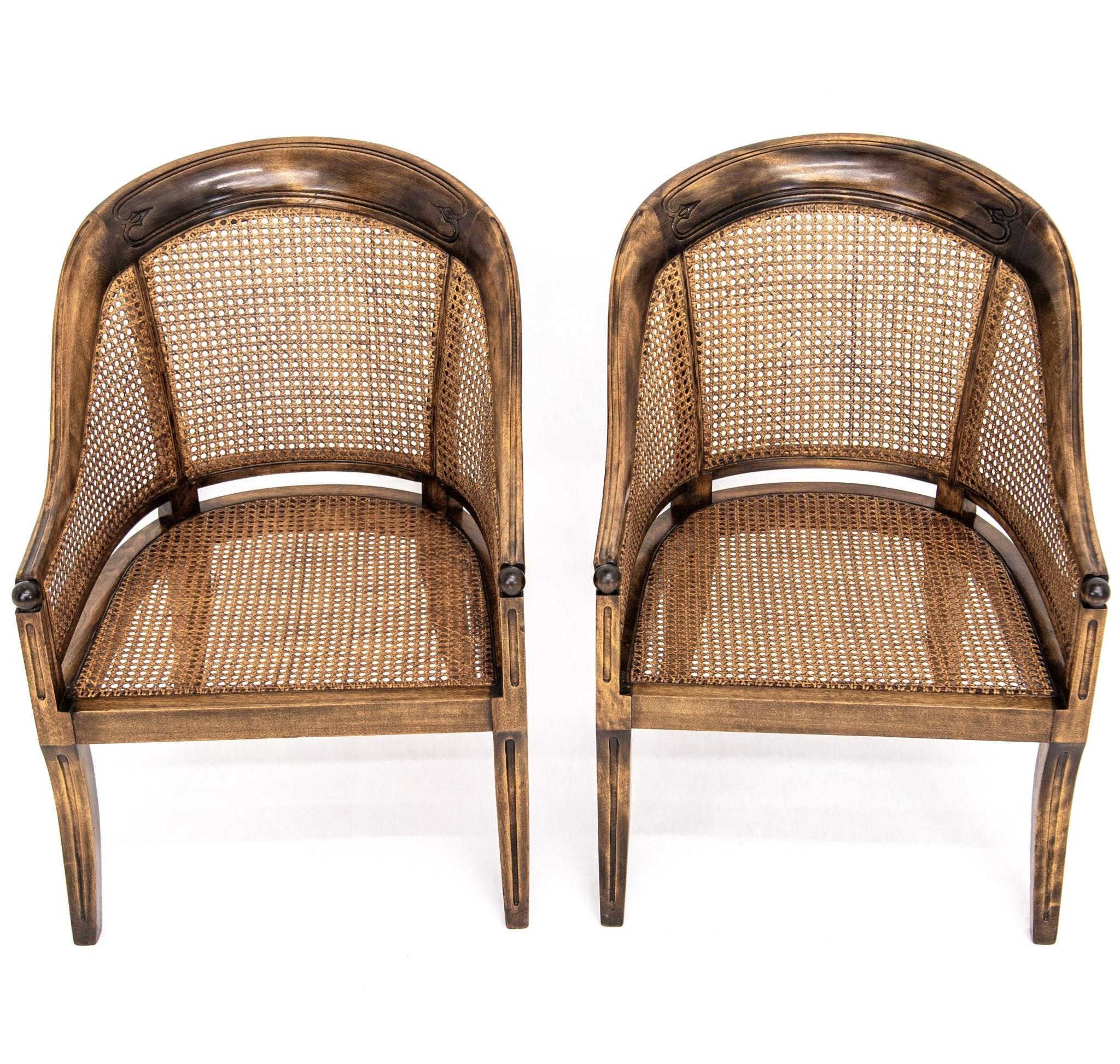 Pair of Caned Walnut Regency Bergeres Swoop Armchairs with Red Cushions 4
