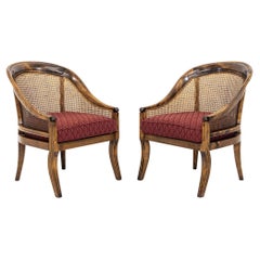 Vintage Pair of Caned Walnut Regency Bergeres Swoop Armchairs with Red Cushions