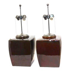Retro Pair of Canister Form Table Lamps in a Tobacco Brown Glaze Optional Shades