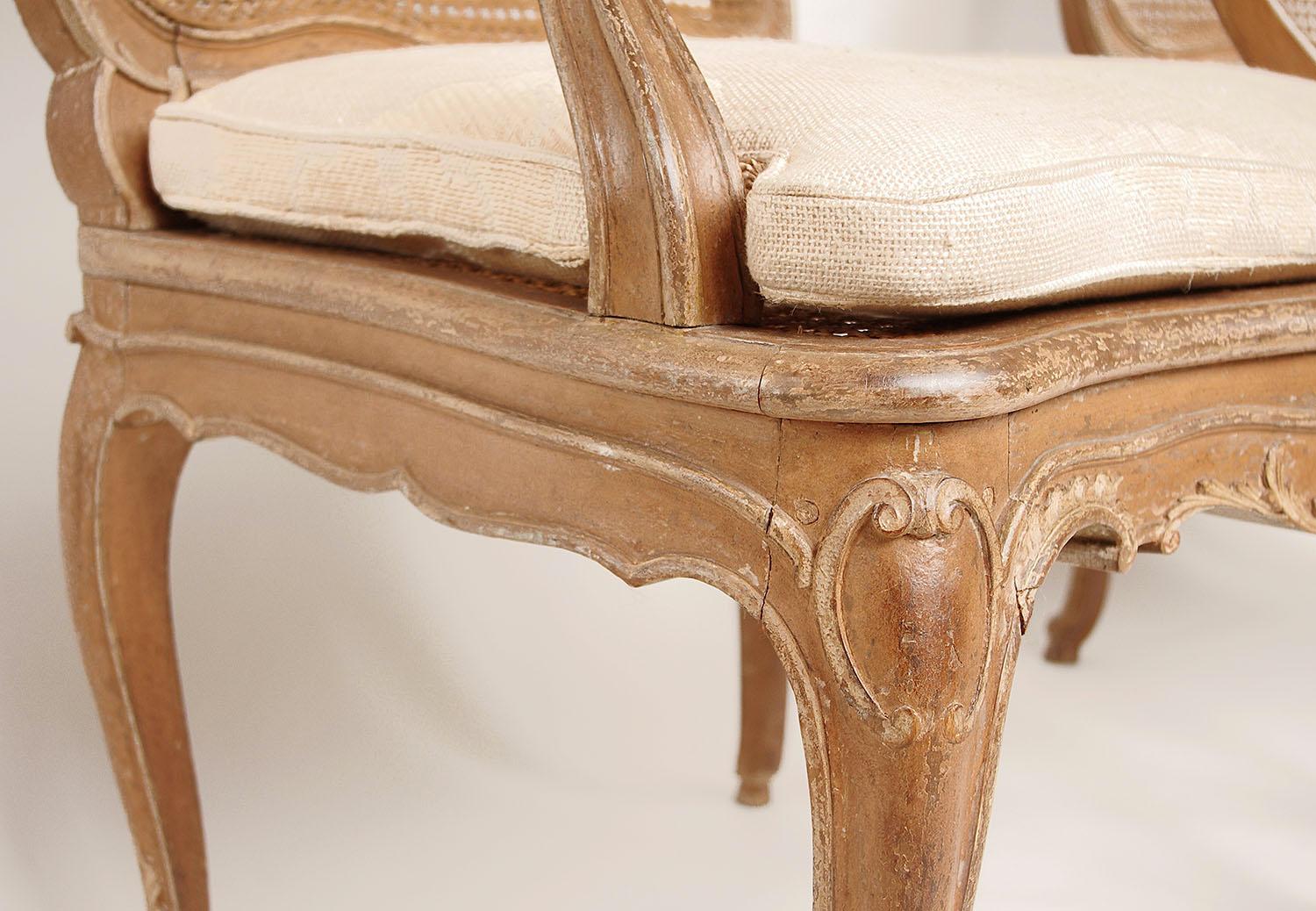 Cane Pair of Canned Louis XV Style Armchairs in Cream Lacquered Wood, circa 1880