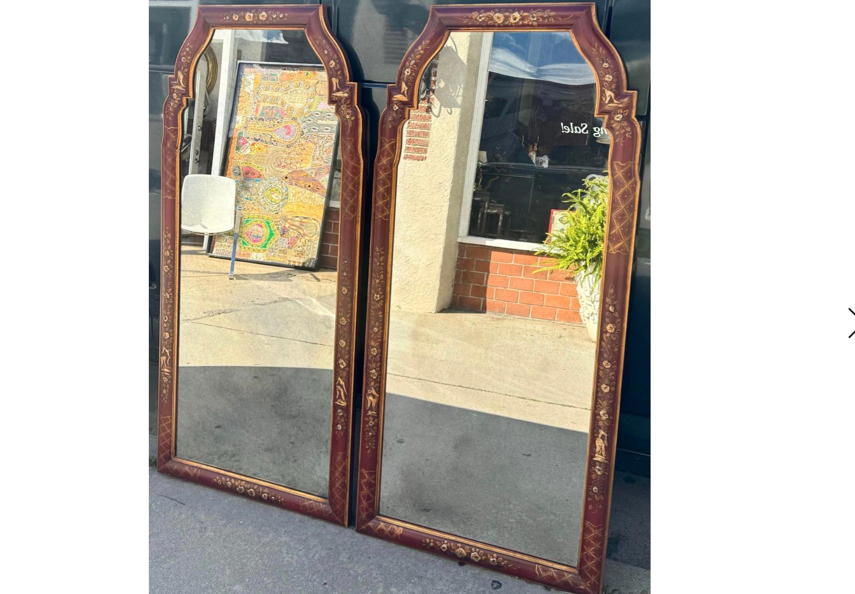 Italian Pair of Cannell & Chaffin Red Chinoiserie Queen Anne Mirrors - Italy