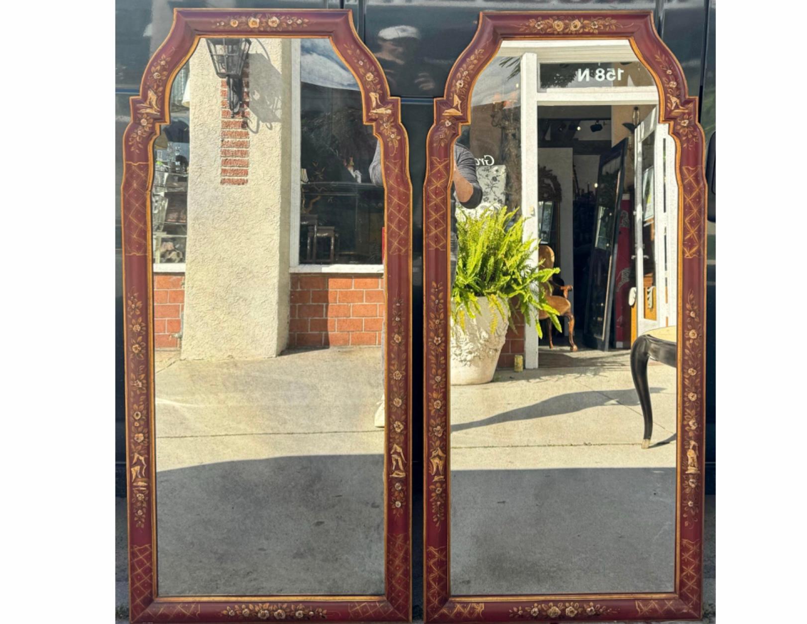 Pair of Cannell & Chaffin Red Chinoiserie Queen Anne Mirrors - Italy In Good Condition In LOS ANGELES, CA