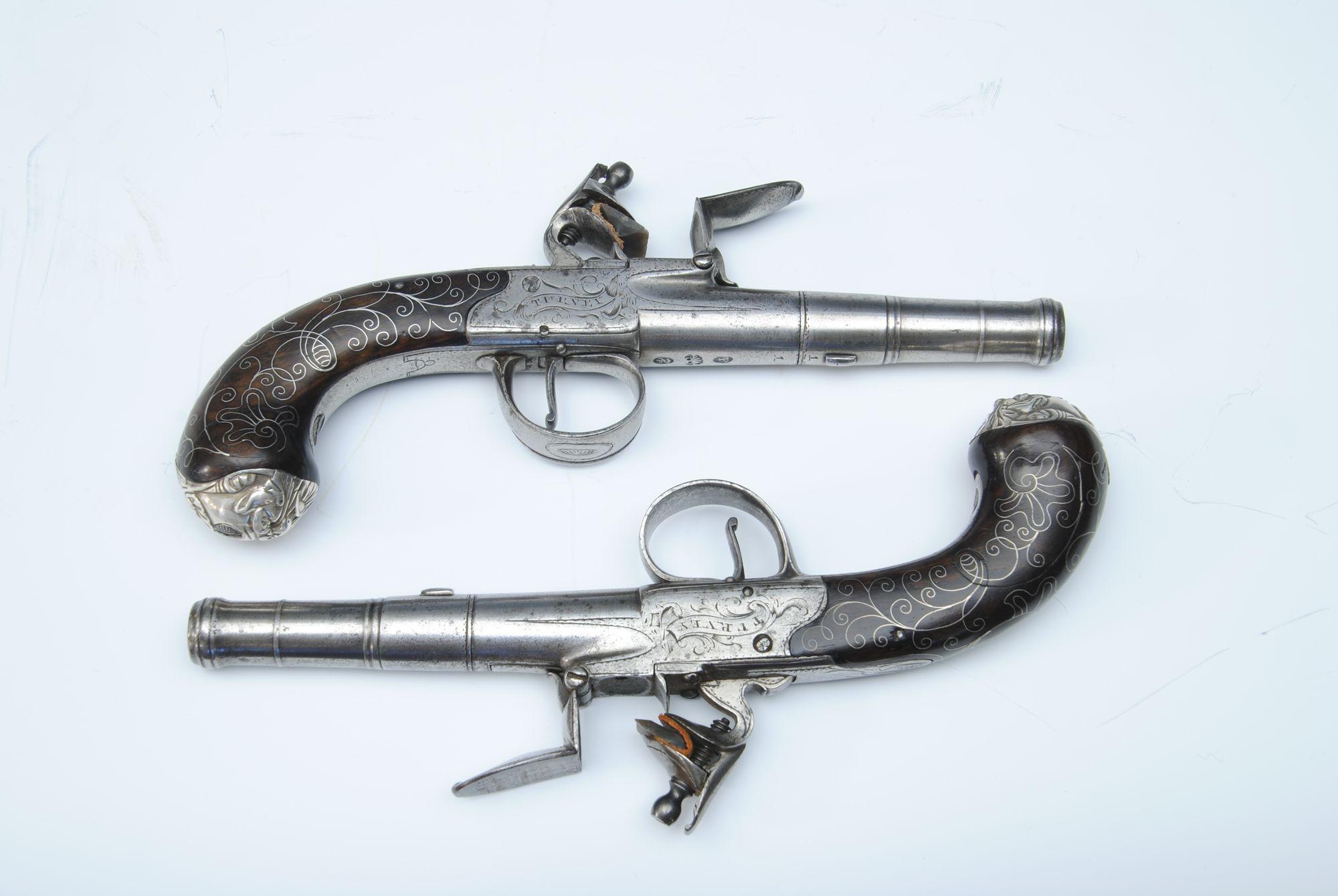 English Pair Of Cannon Barrel Pocket Pistols By Turvey 