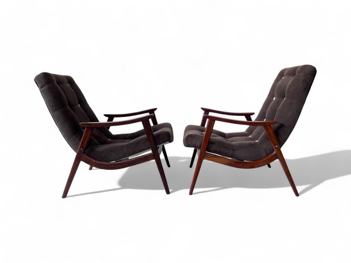 Mid-Century Modern Pair of “Canoa” Armchairs in Wood & Fabric by Gelli, c. 1960s For Sale