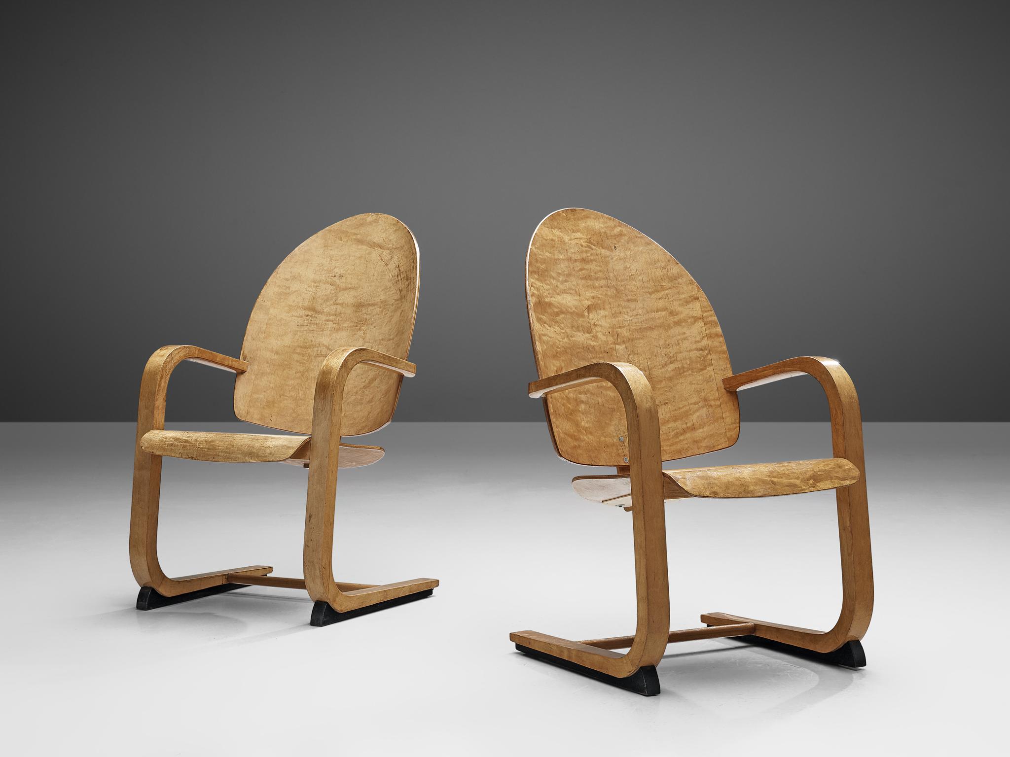 European Pair of Cantilever Armchairs in Birch, 1930s