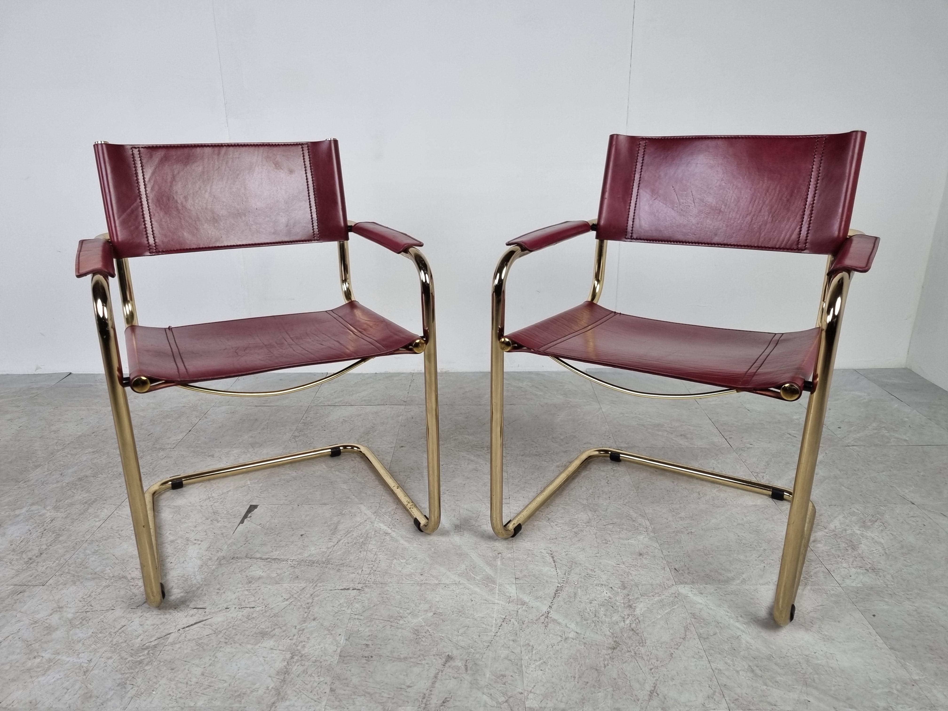 Italian Pair of Cantilever Brass Bauhaus Armchairs, 1970s
