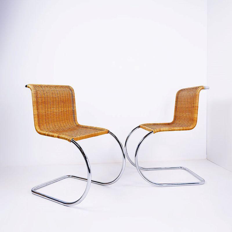 Pair of Cantilever chrome and Wicker Chairs in the style of Mies Van der Roye For Sale 5