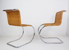 Pair of Cantilever chrome and Wicker Chairs Mies Van der Roye Style - 1980s