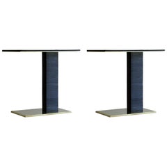 Antique Pair of Cantilever Infinity Side Tables in Leather and Brass by C. Kreiling