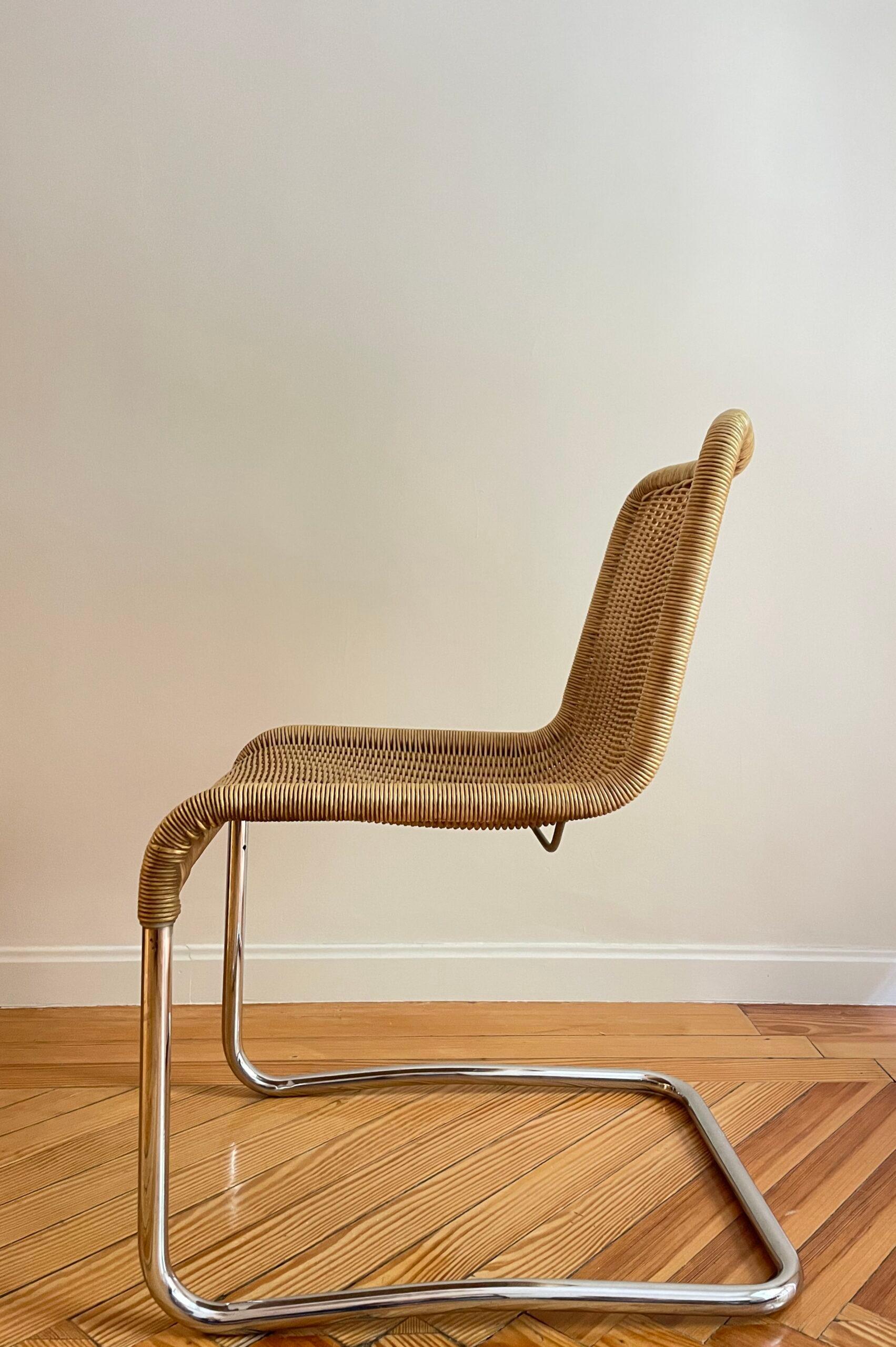 Pair of cantilever chairs in natural rattan and chromed steel tube. Attributed to Anton Lorenz. Germany 1950s.

Anton Lorenz was the teacher who became a furniture designer, a company manager and an entrepreneur in reclining chairs. Close to the