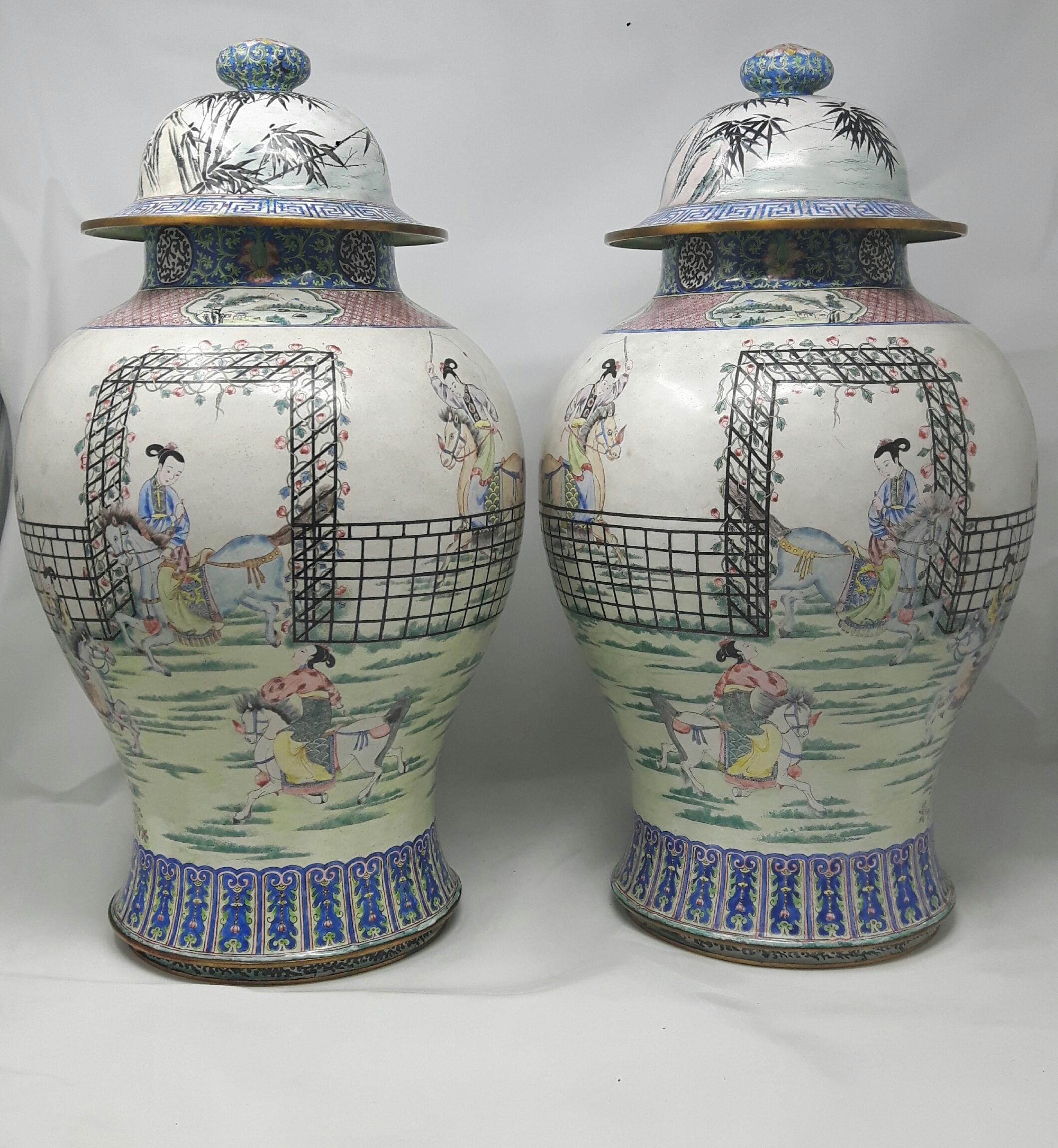 Pair of Canton enamel covered jars, China.
For export, baluster-form, the body decorated with continuous scenes of the female generals from the Yang family training, riding horses and practicing with bamboo swords, bordered above and below by