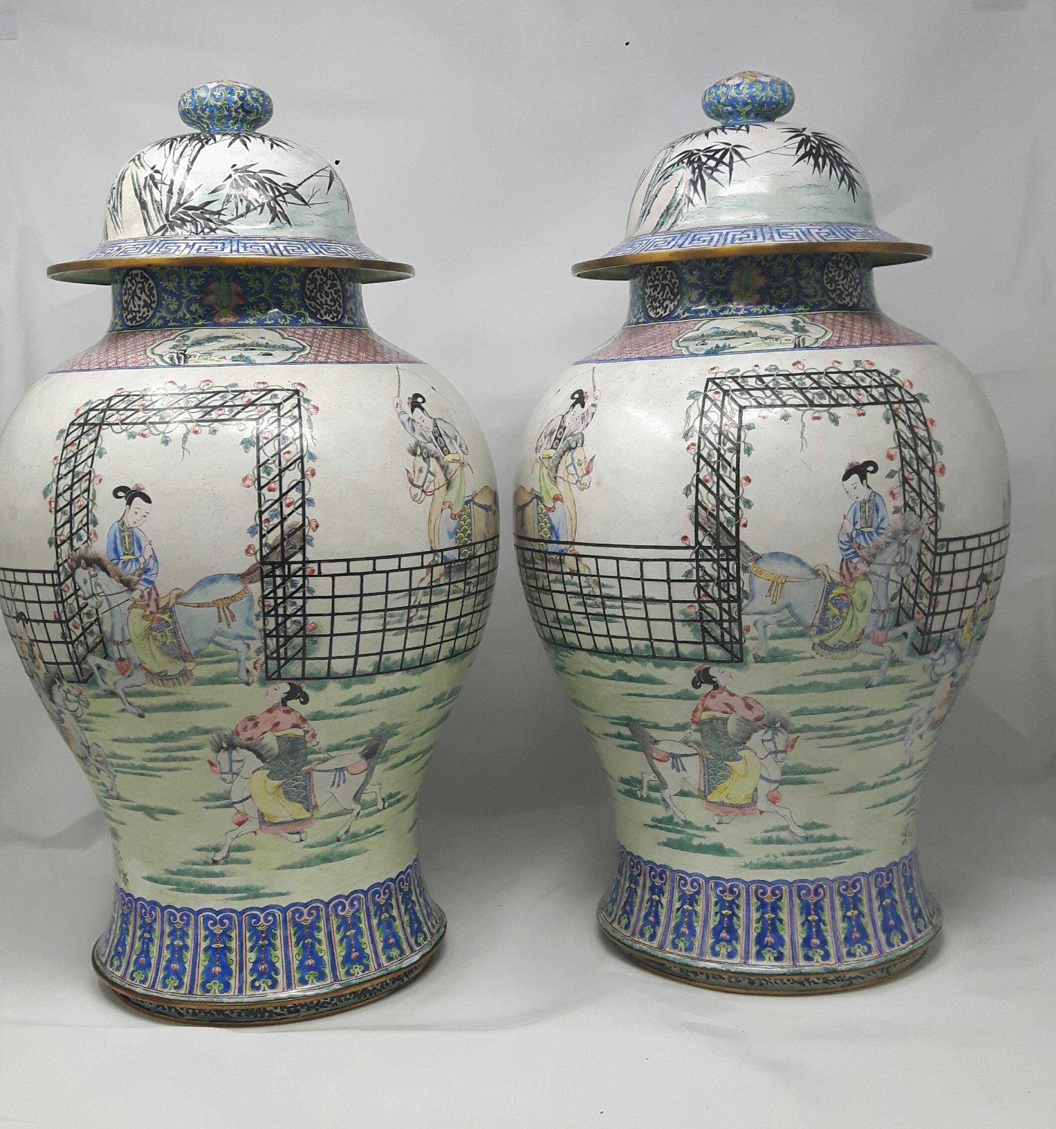 Chinese Export Pair of Canton Enamel Vases and Covers