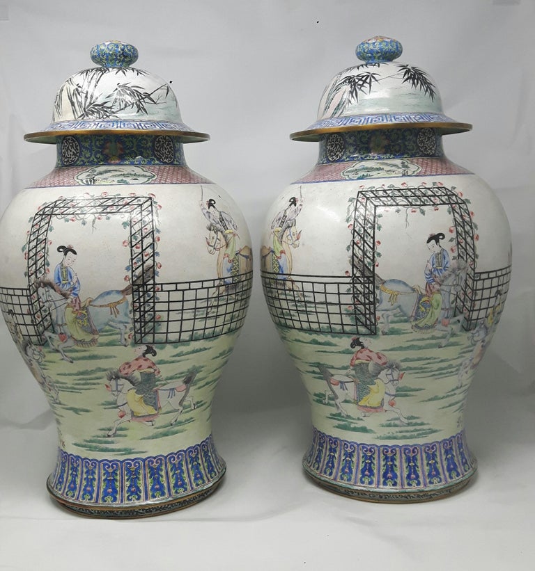 Pair of Canton Enamel Vases and Covers at 1stDibs