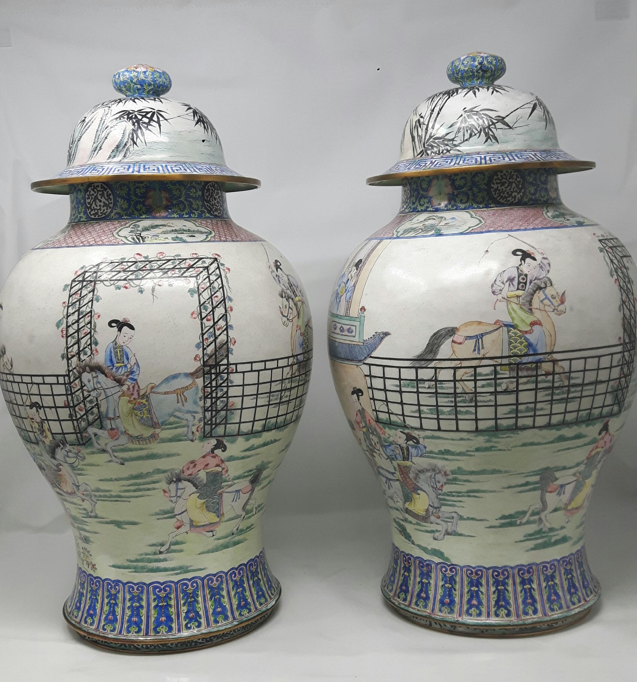 19th Century Pair of Canton Enamel Vases and Covers