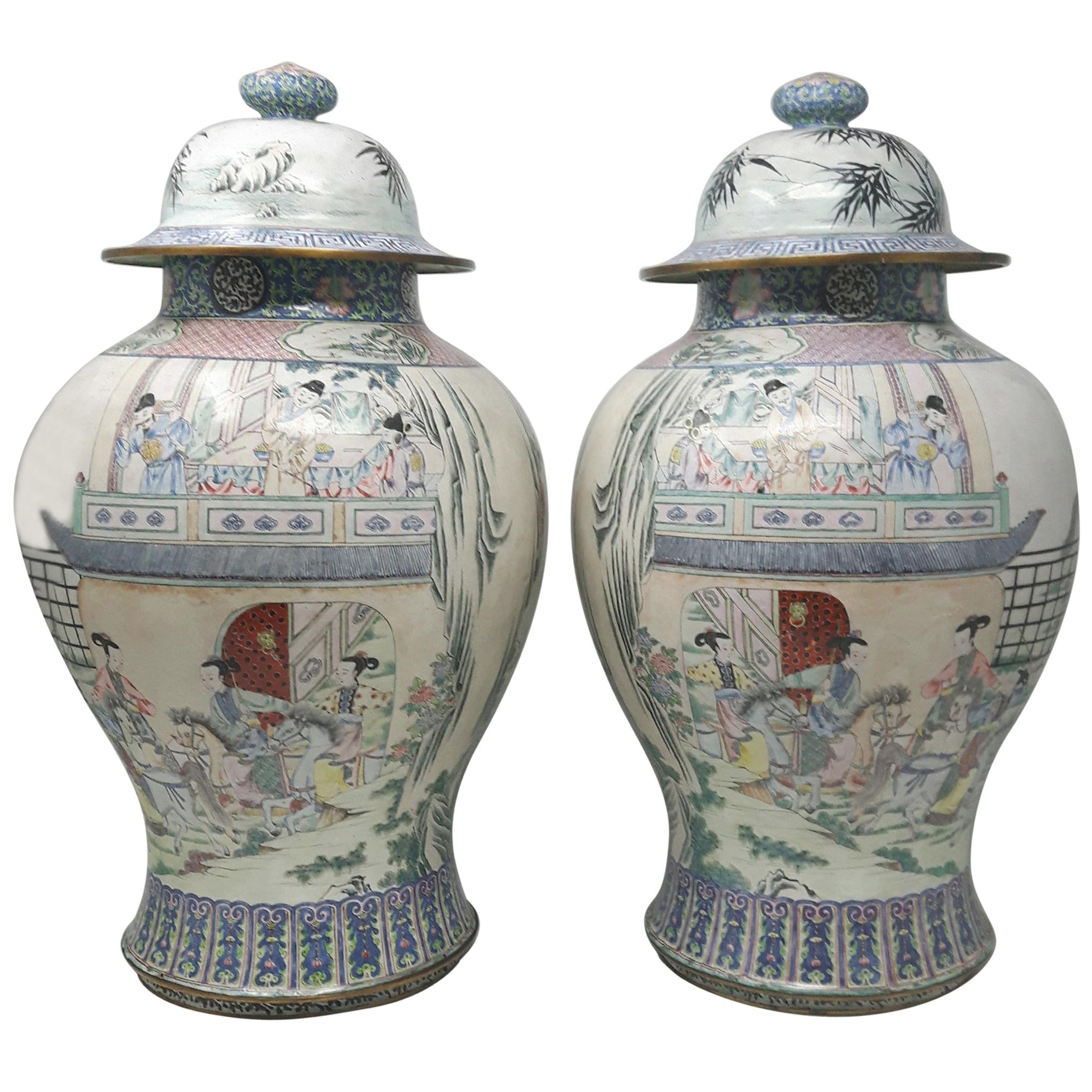 Pair of Canton Enamel Vases and Covers
