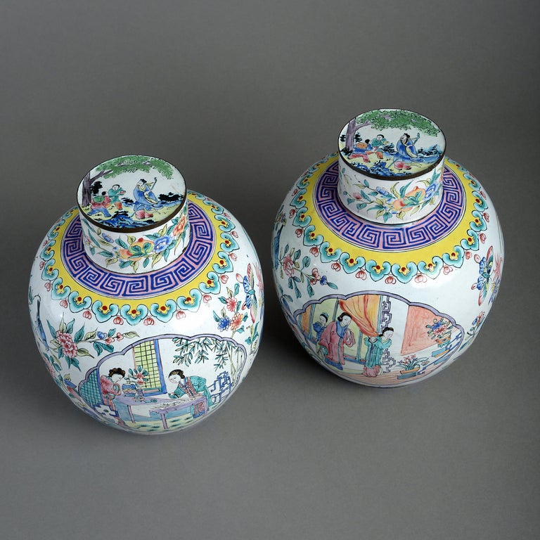 Pair of Canton Enamel Vases and Covers at 1stDibs