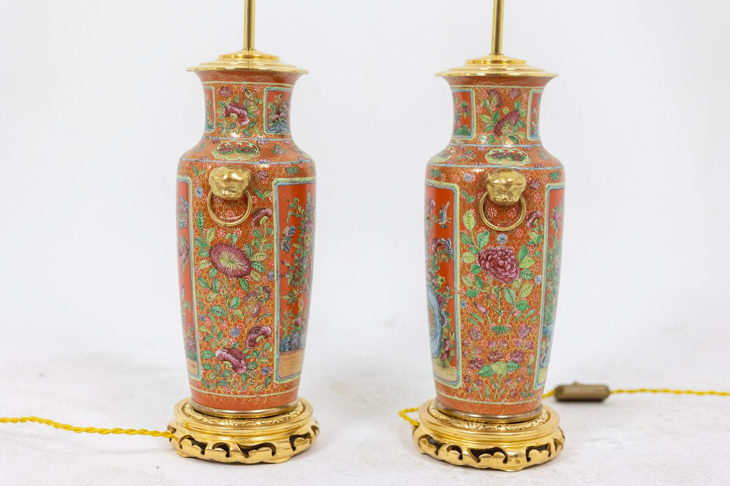 Napoleon III Pair of Canton Porcelain and Bronze Lamps, circa 1880 For Sale
