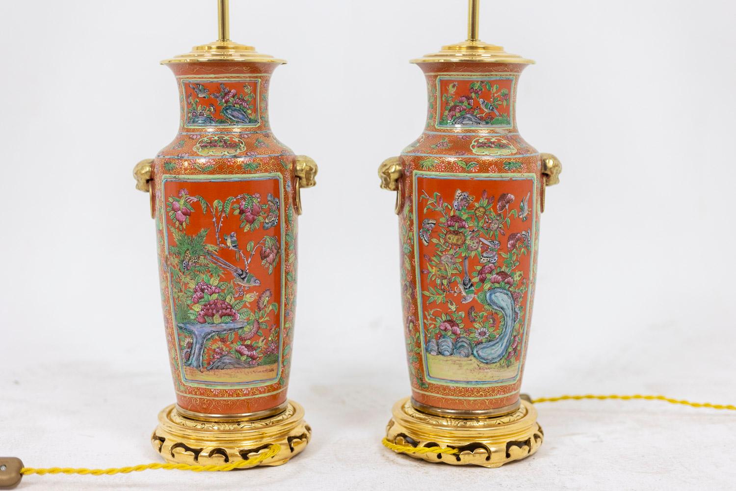 Late 19th Century Pair of Canton Porcelain and Bronze Lamps, circa 1880 For Sale
