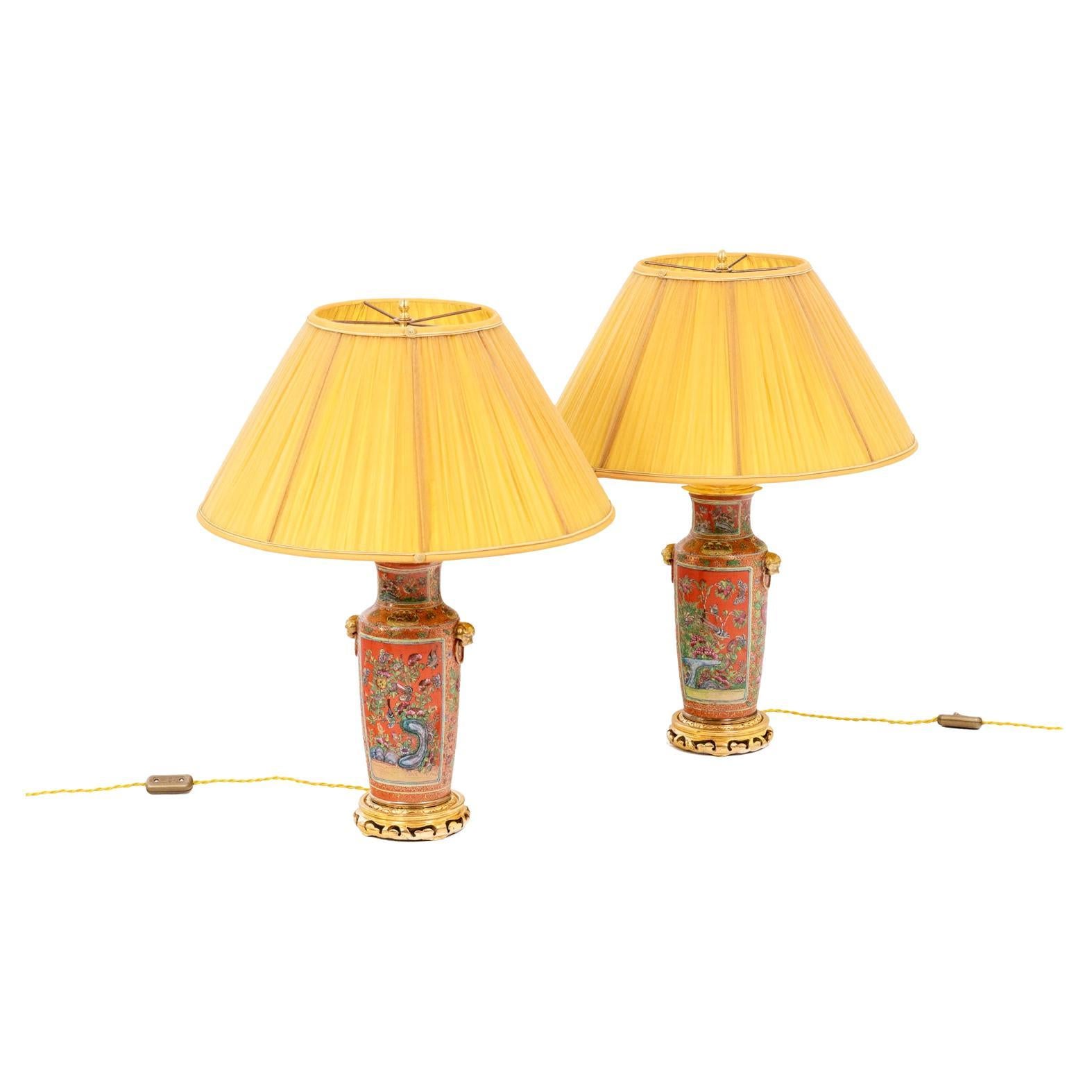 Pair of Canton Porcelain and Bronze Lamps, circa 1880 For Sale