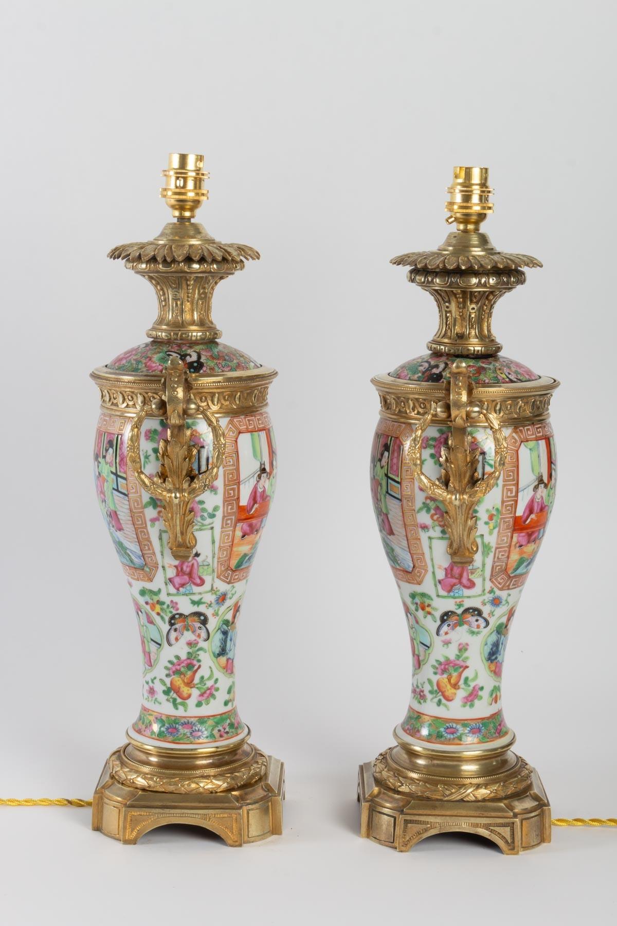 Pair of Canton Porcelain Lamps, Pink Family, 19th Century 3
