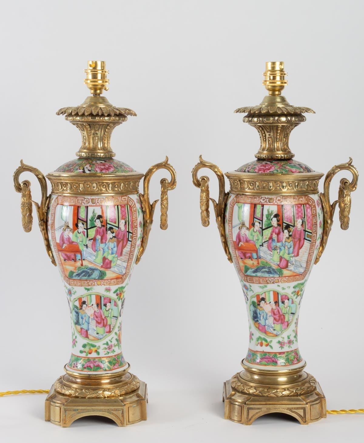 Pair of Canton Porcelain Lamps, Pink Family, 19th Century 4