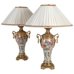 Pair of Canton Porcelain Lamps, Pink Family, 19th Century