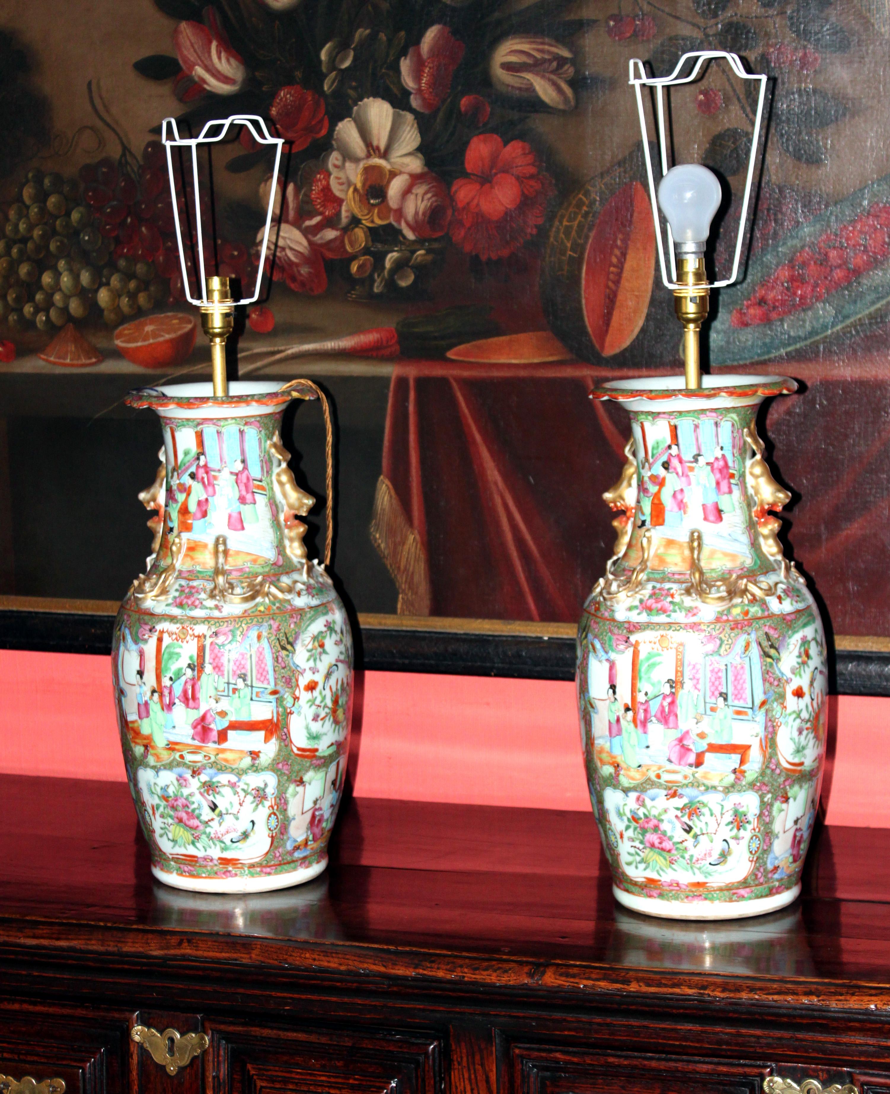 Chinese Pair of Canton Vases Now as Lamps