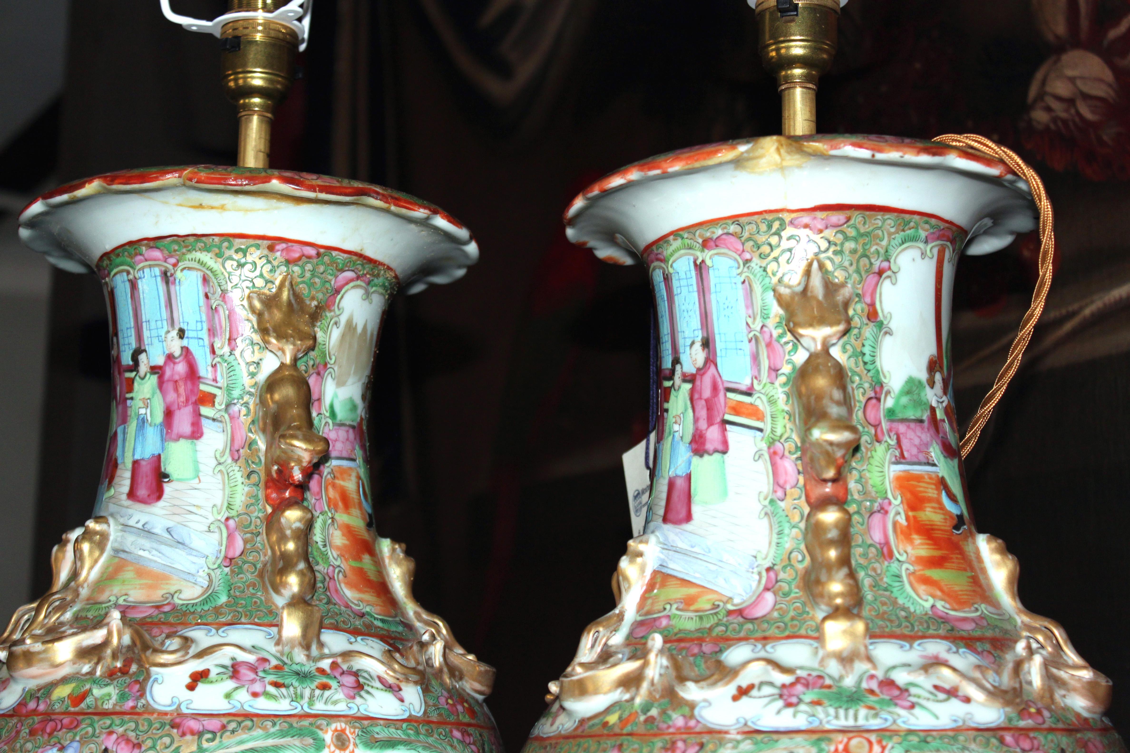 Pair of Canton Vases Now as Lamps In Fair Condition In Bradford-on-Avon, Wiltshire