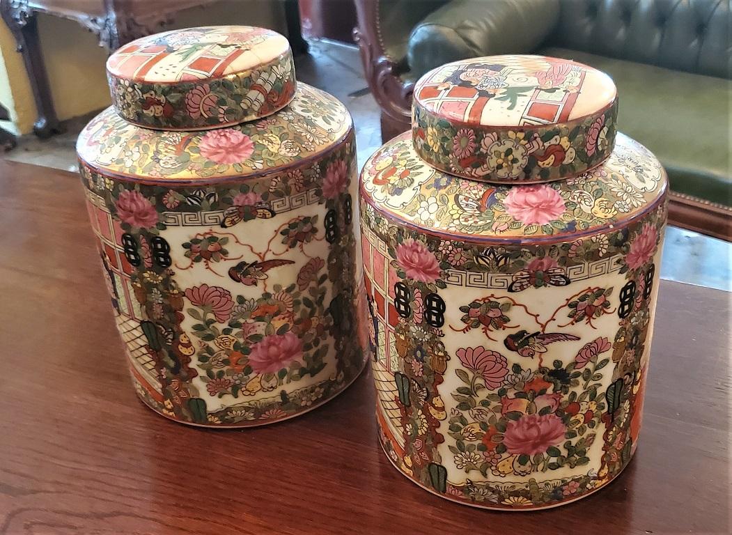 Ceramic Pair of Cantonese Famille Rose Large Lidded Ginger Jars