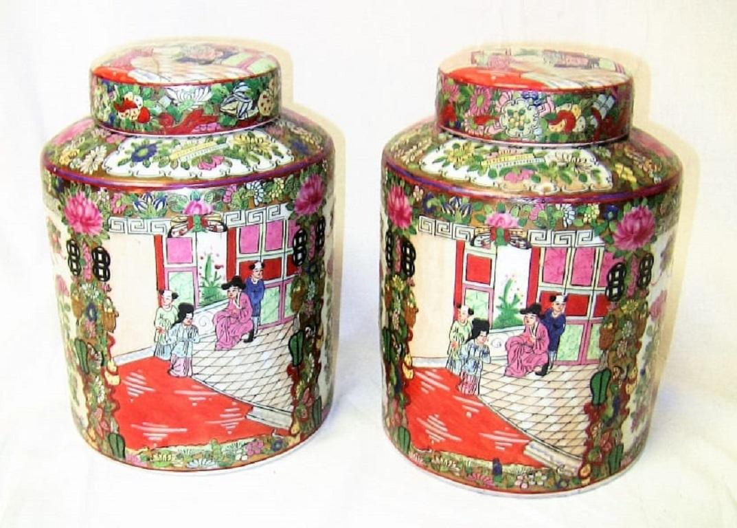 Lovely late 19th century or very early 20th century Chinese pair of Cantonese famille rose large lidded ginger jars.

Late Qing dynasty, Cantonese, large lidded ginger jars in the Famille rose pattern,

circa 1890-1810 and made in