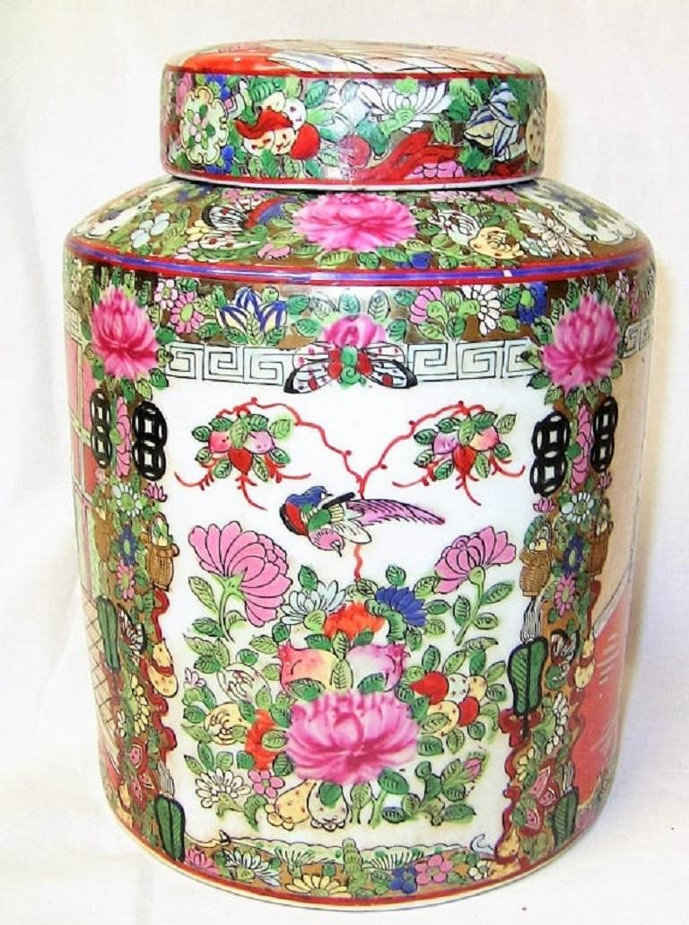 Chinese Export Pair of Cantonese Famille Rose Large Lidded Ginger Jars