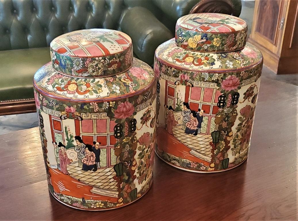 Pair of Cantonese Famille Rose Large Lidded Ginger Jars In Fair Condition In Dallas, TX