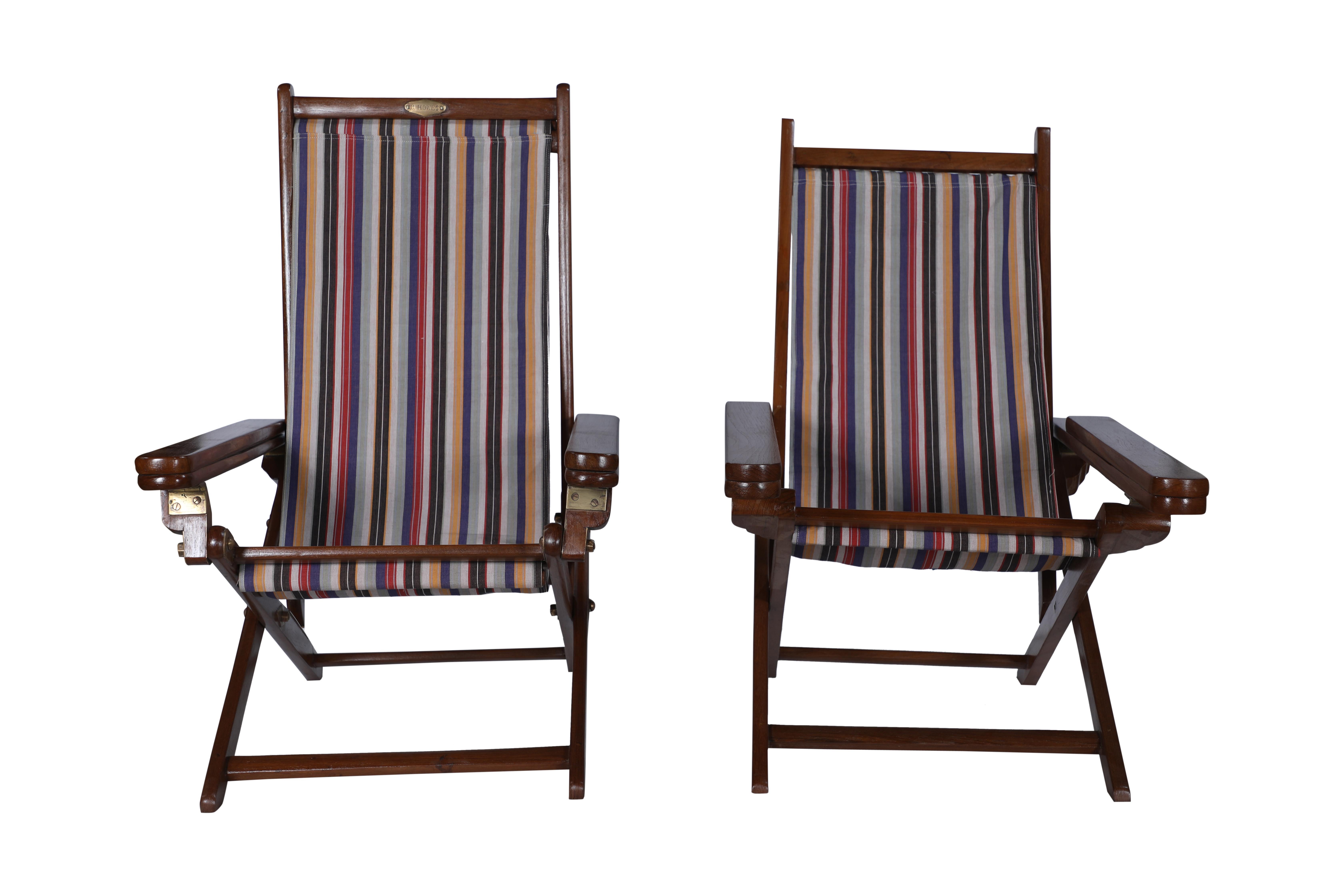 British Colonial Pair of Canvas Sling-Back Campaign Folding, Adjustable Teak Chairs w/ Leg Rests