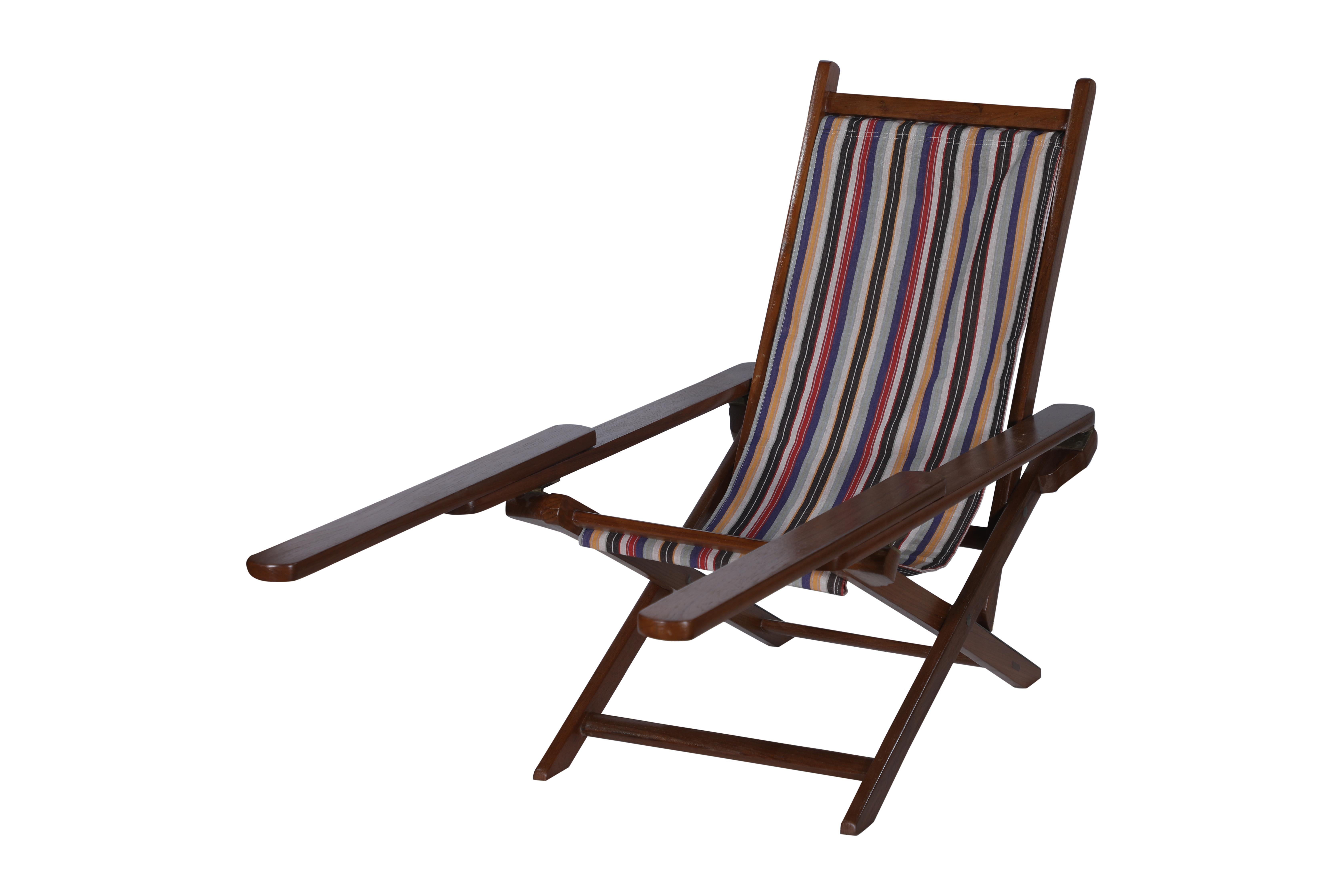 20th Century Pair of Canvas Sling-Back Campaign Folding, Adjustable Teak Chairs w/ Leg Rests