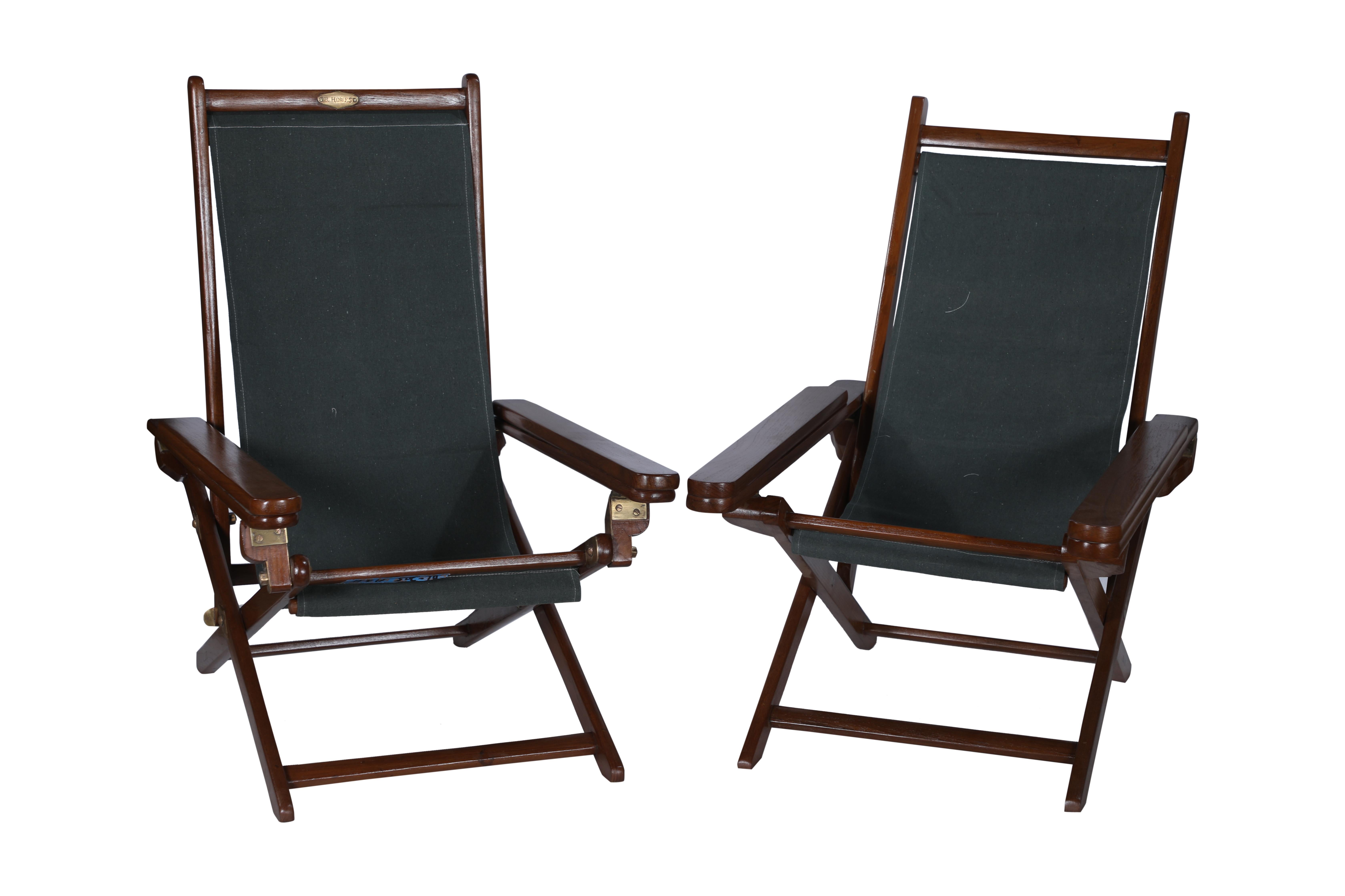Pair of Canvas Sling-Back Campaign Folding, Adjustable Teak Chairs w/ Leg Rests 1