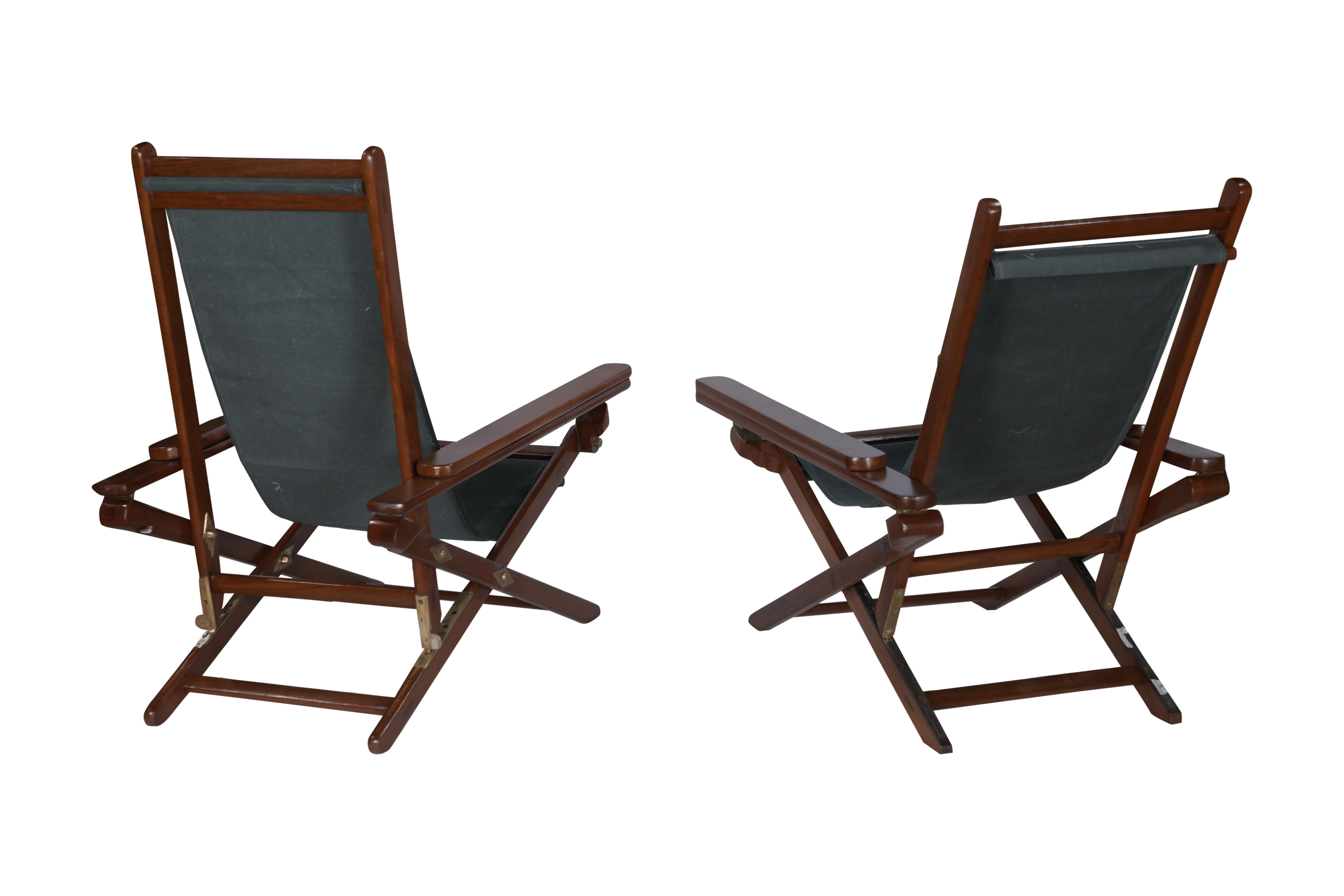 Pair of Canvas Sling-Back Campaign Folding, Adjustable Teak Chairs w/ Leg Rests 2