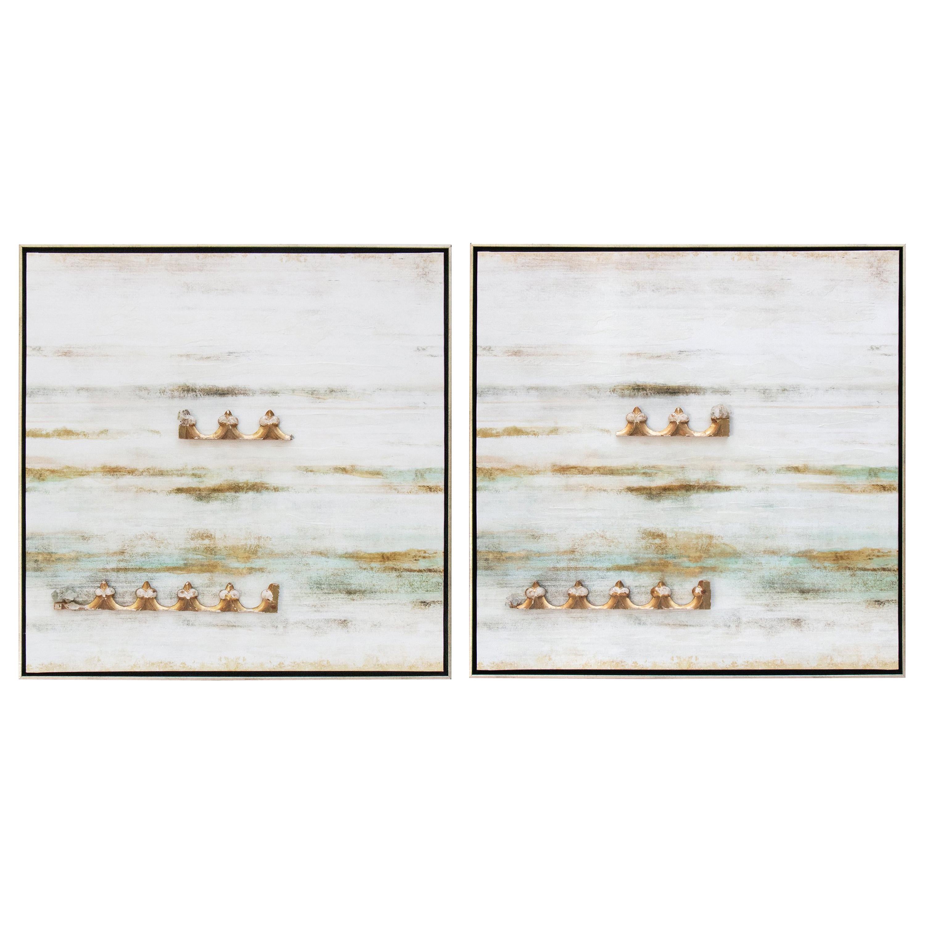 Pair of Canvases with 18th Century Gold Fragments and Faden Crystals by Interi For Sale