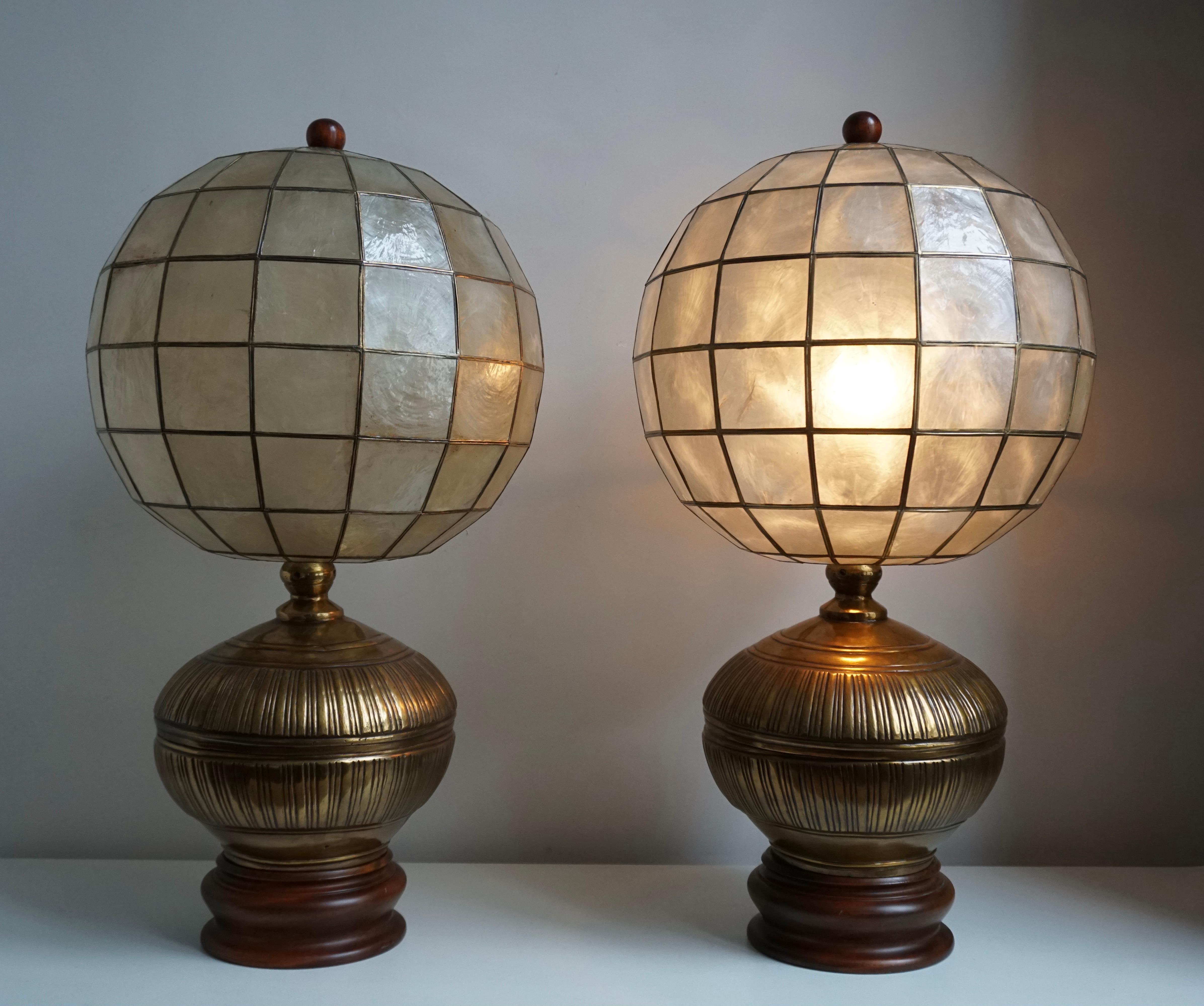 Hollywood Regency Pair of Capiz Shell and Copper Lamps