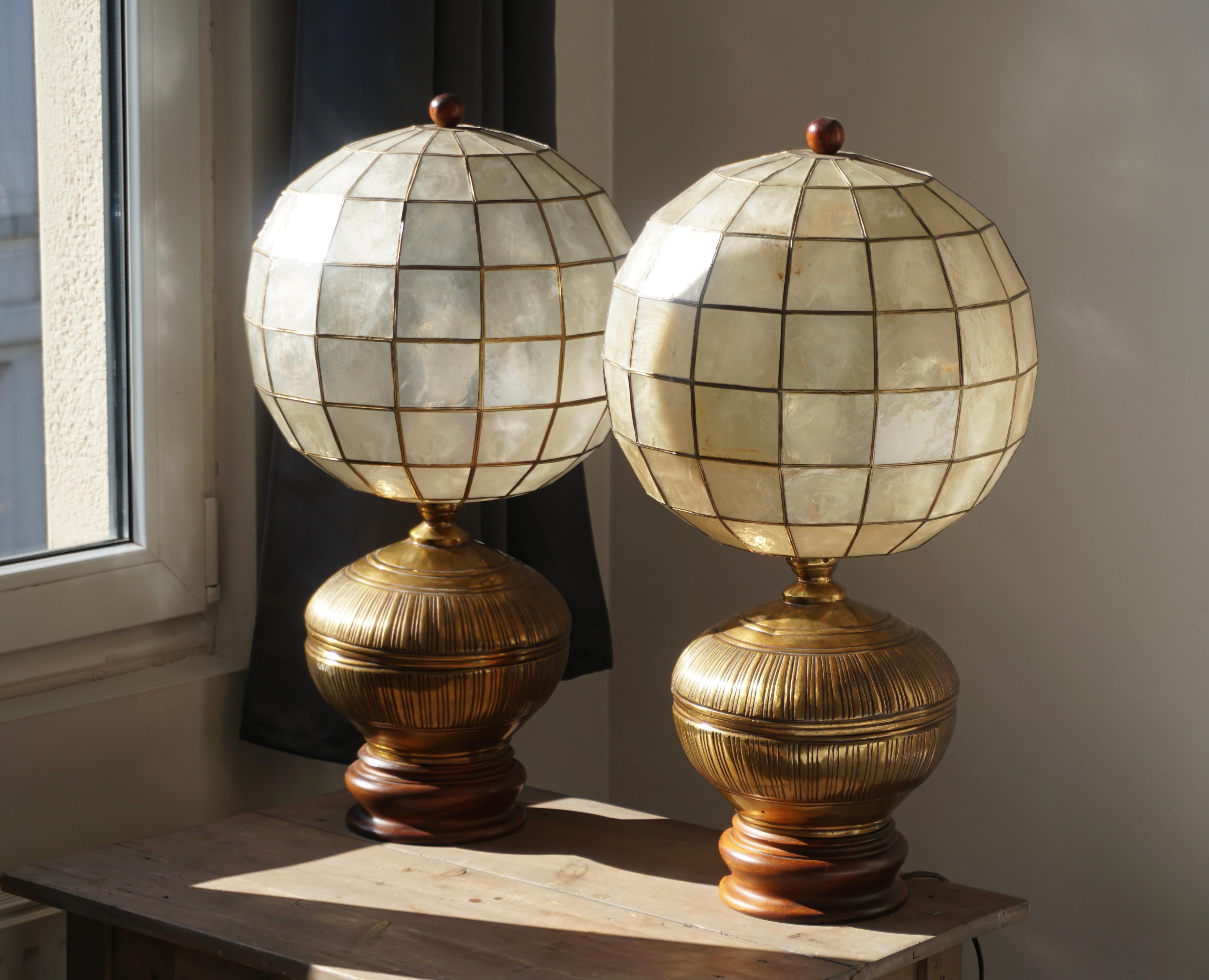 Brass Pair of Capiz Shell and Copper Lamps