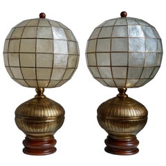 Retro Pair of Capiz Shell and Copper Lamps