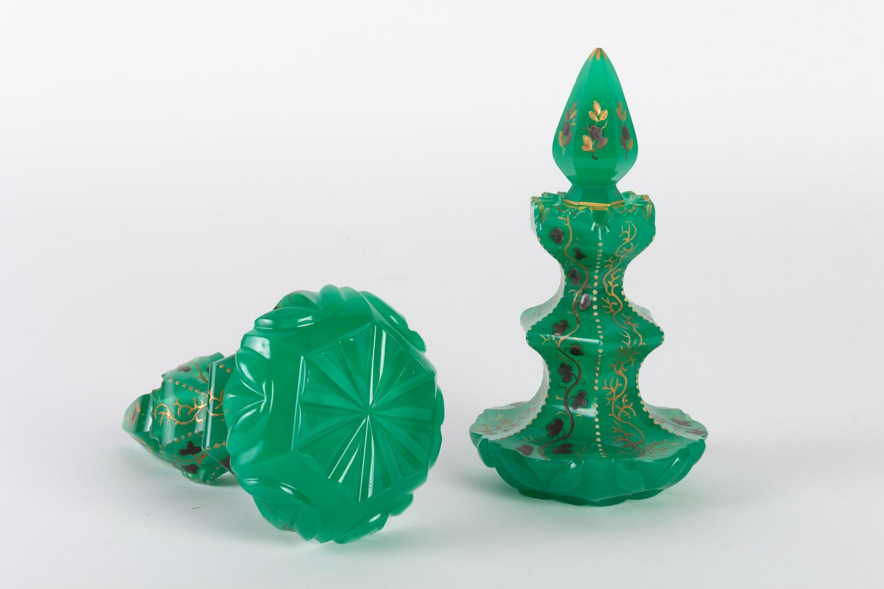 Pair of Carafes with Their Corks, Green Opaline and Gold Enamel, Napoleon III 1