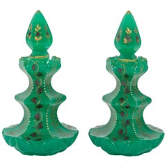 Pair of Carafes with Their Corks, Green Opaline and Gold Enamel, Napoleon III