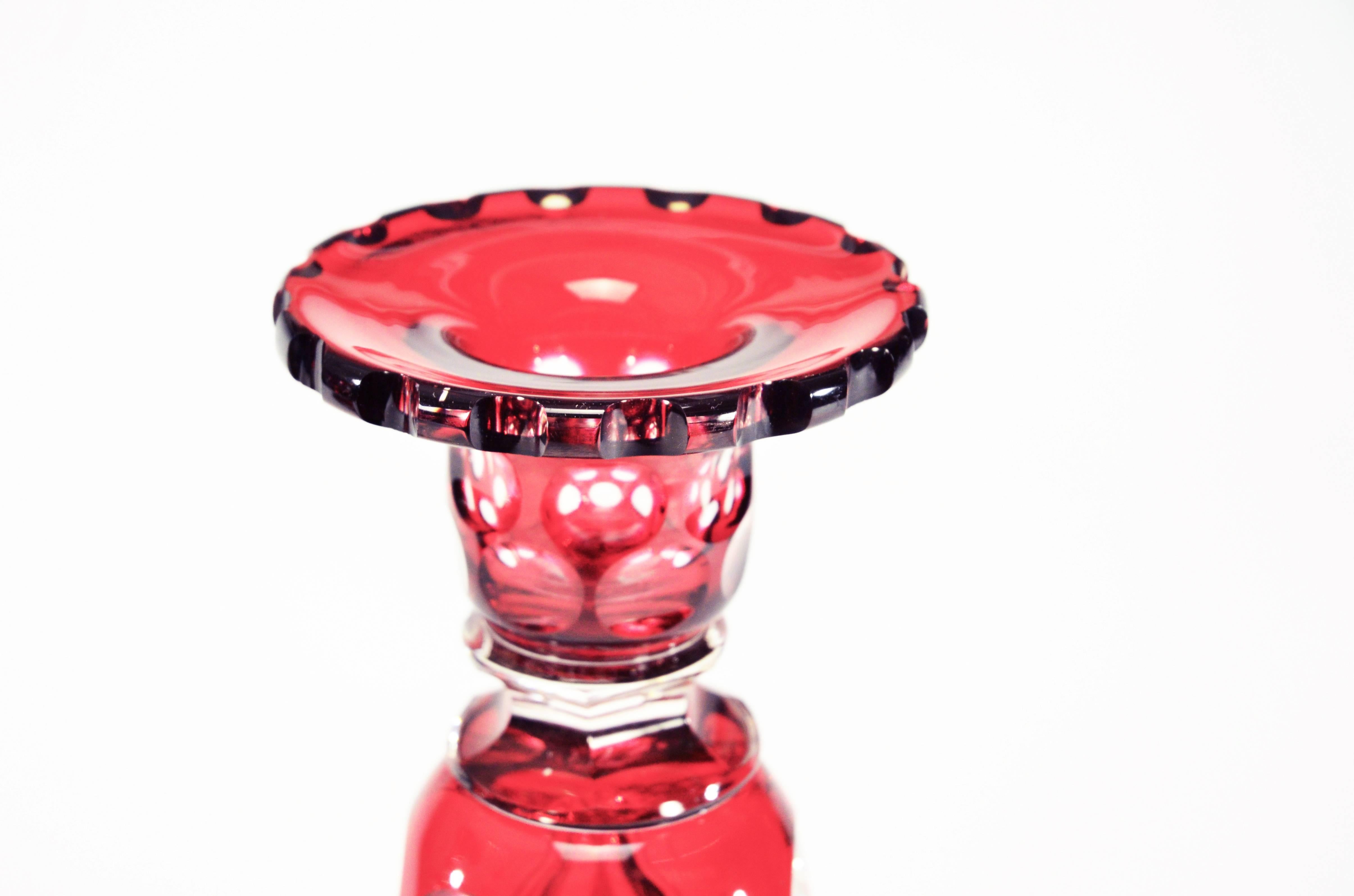 Crystal Pair of Carder Steuben Monumental Candlesticks Cranberry Overlay Cut to Clear For Sale