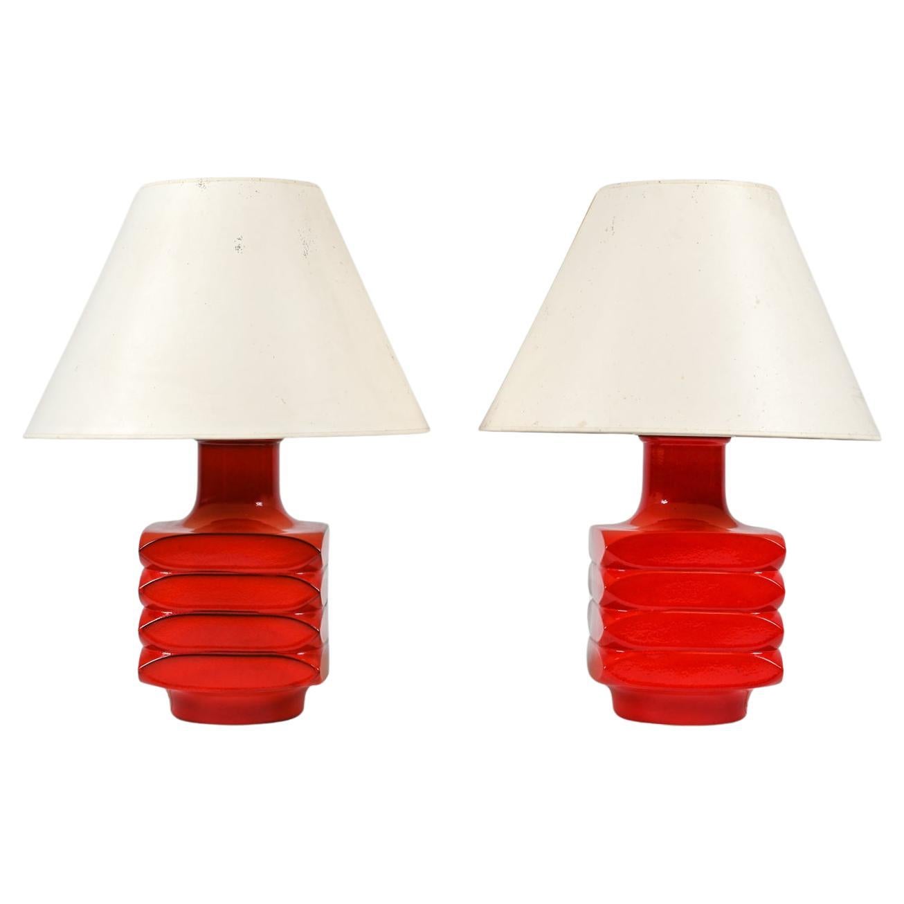 Pair of Cari Zalloni Oversized "Facette" Ceramic Lamps in Red Glaze For Sale